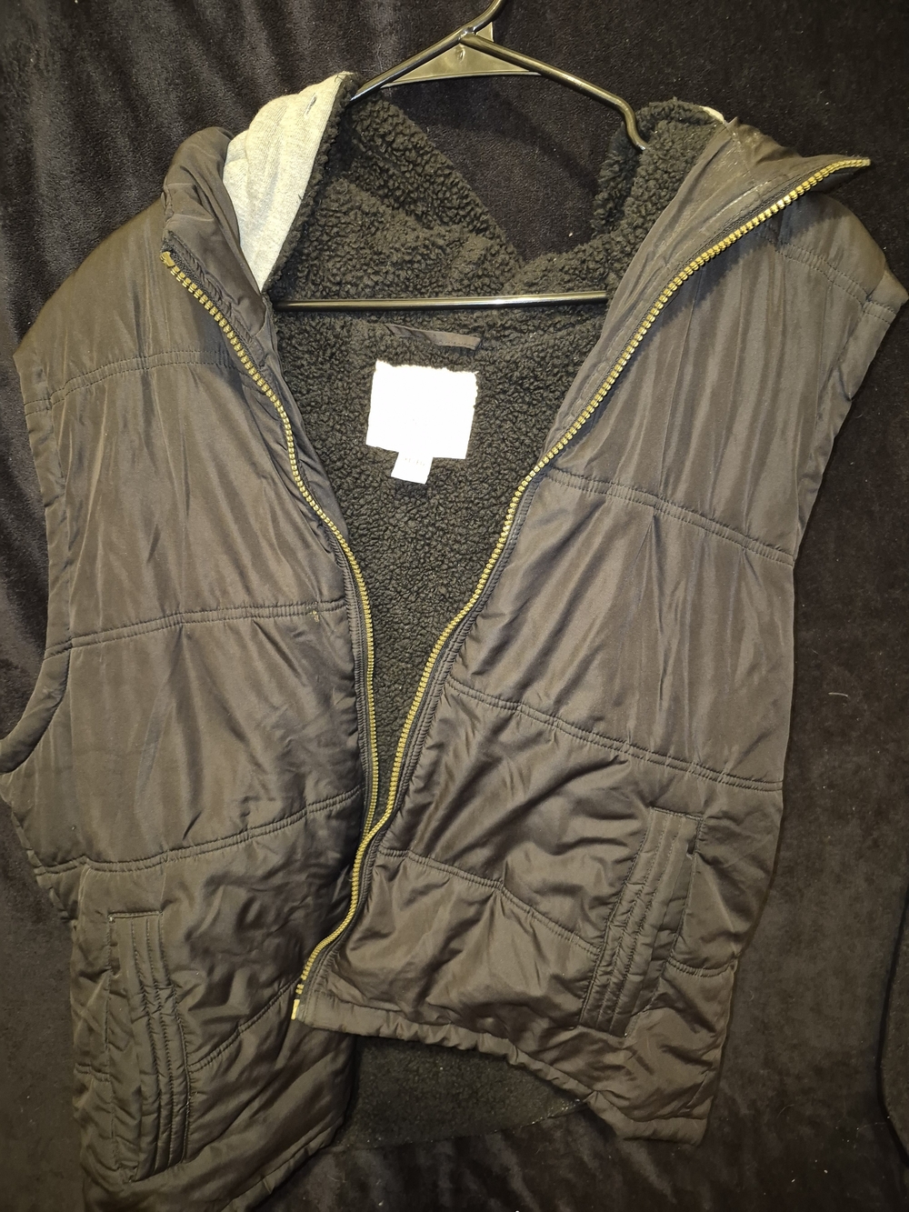 Weatherproof Black Quilted Hooded Vest with Sherpa Lining
